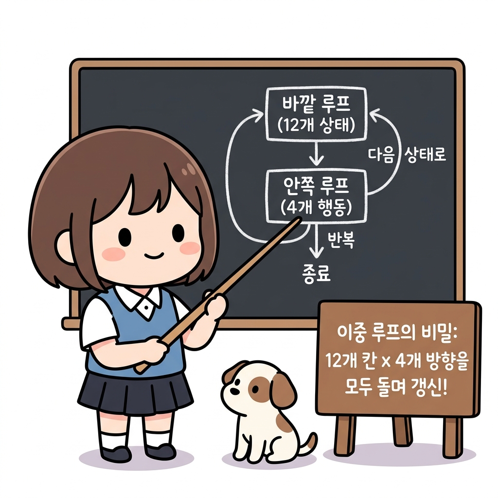 이중 루프의 비밀: 12개 칸 x 4개 방향을 모두 돌며 갱신!