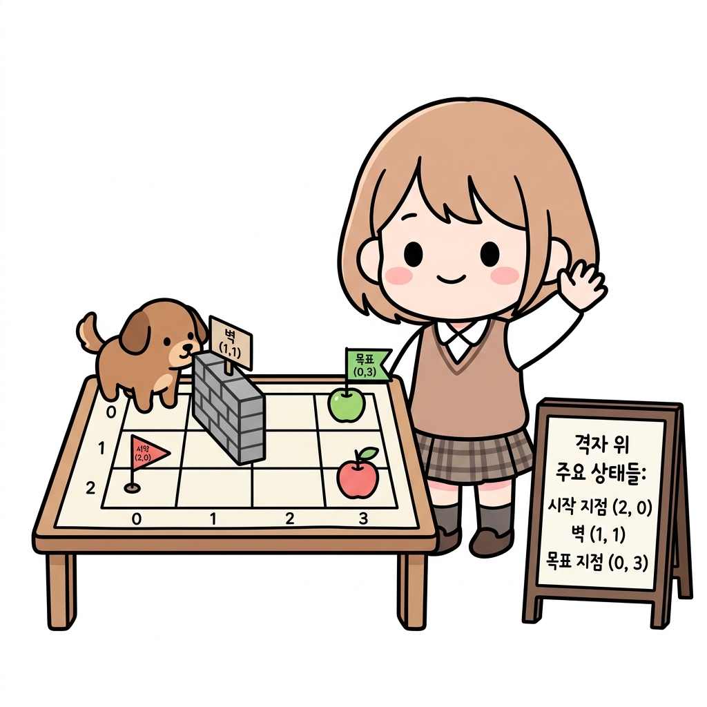 격자 위 주요 상태들: 시작 지점 (2, 0), 벽 (1, 1), 목표 지점 (0, 3)