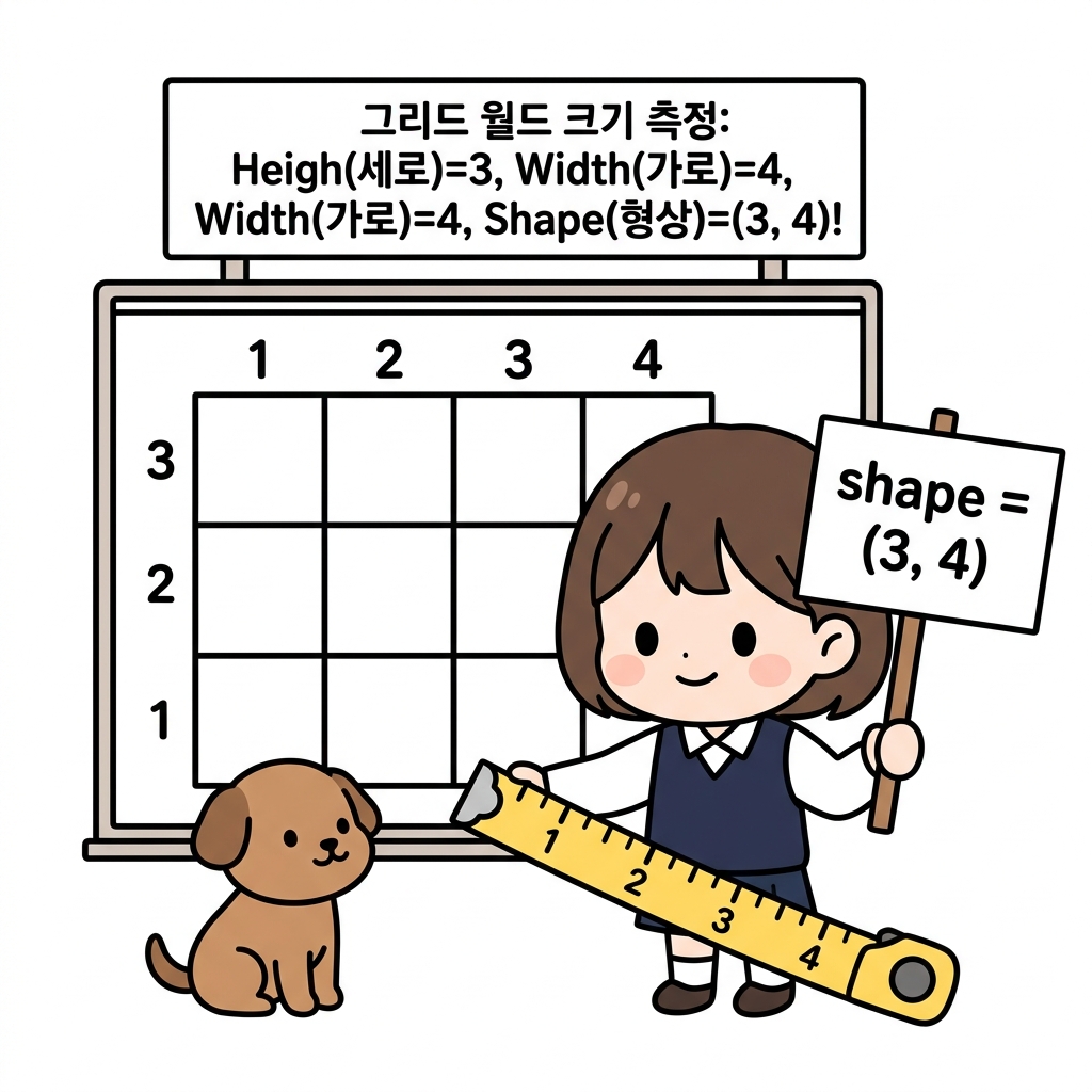 그리드 월드 크기 측정: Height(세로)=3, Width(가로)=4, Shape(형상)=(3, 4)