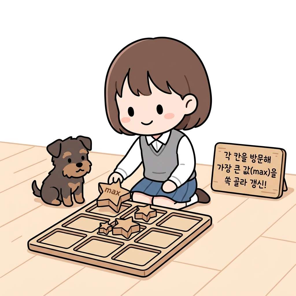각 칸을 방문해 가장 큰 값(max)을 쏙 골라 갱신!